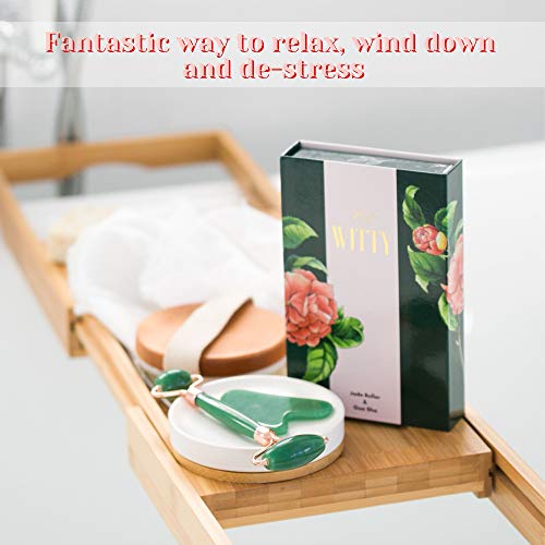 WITTY Jade Face Roller and Gua Sha Set in Hand-Drawn Giftbox - Gua Sha Stone, Face Massager Roller, Beauty Massage Face Scraper Tools - Guasha Tool for Face Roller Skin Care, Eyes, Neck - Extra Pouch - Image 4