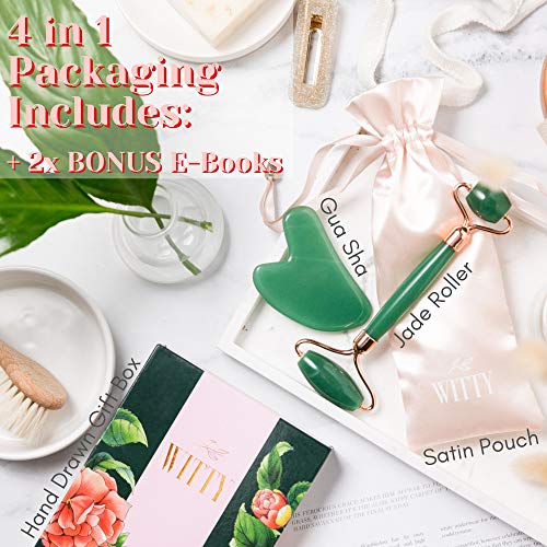 WITTY Jade Face Roller and Gua Sha Set in Hand-Drawn Giftbox - Gua Sha Stone, Face Massager Roller, Beauty Massage Face Scraper Tools - Guasha Tool for Face Roller Skin Care, Eyes, Neck - Extra Pouch - Image 2