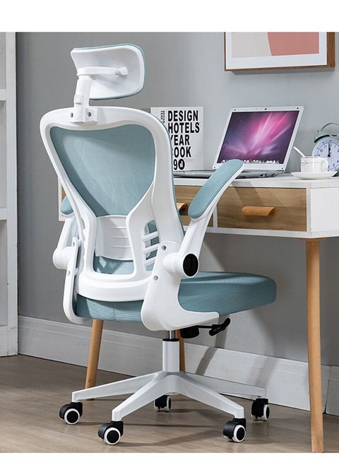 Office Computer Chair, Ergonomic High-Back Mesh Rolling Work Chairs with Wheels and Adjustable Headrests, Comfortable Lumbar Support, Comfy Flip-up Arms for Home,Bedroom,Study, Blue/White