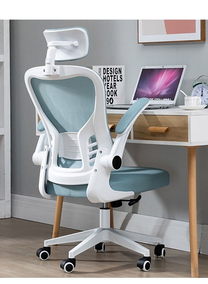 Arabest Office Computer Chair, Ergonomic High-Back Mesh Rolling Work Chairs with Wheels and Adjustable Headrests, Comfortable Lumbar Support, Comfy Flip-up Arms for Home,Bedroom,Study, Blue/White  - Image 1
