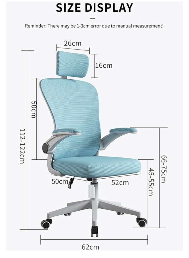 Office Computer Chair, Ergonomic High-Back Mesh Rolling Work Chairs with Wheels and Adjustable Headrests, Comfortable Lumbar Support, Comfy Flip-up Arms for Home,Bedroom,Study, Blue/White