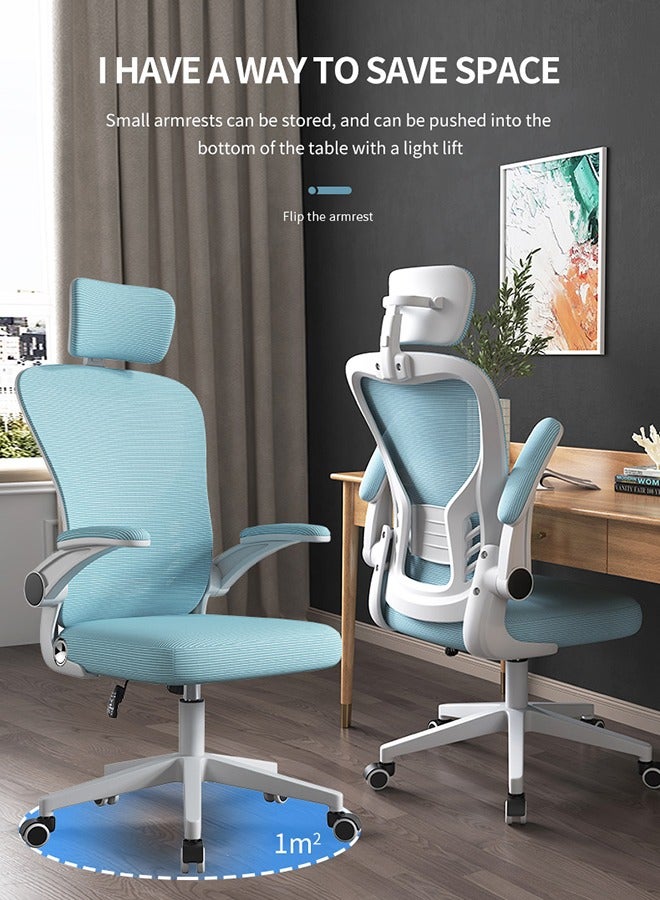 Arabest Office Computer Chair, Ergonomic High-Back Mesh Rolling Work Chairs with Wheels and Adjustable Headrests, Comfortable Lumbar Support, Comfy Flip-up Arms for Home,Bedroom,Study, Blue/White  - Image 2