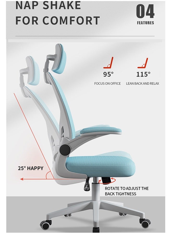 Arabest Office Computer Chair, Ergonomic High-Back Mesh Rolling Work Chairs with Wheels and Adjustable Headrests, Comfortable Lumbar Support, Comfy Flip-up Arms for Home,Bedroom,Study, Blue/White  - Image 3