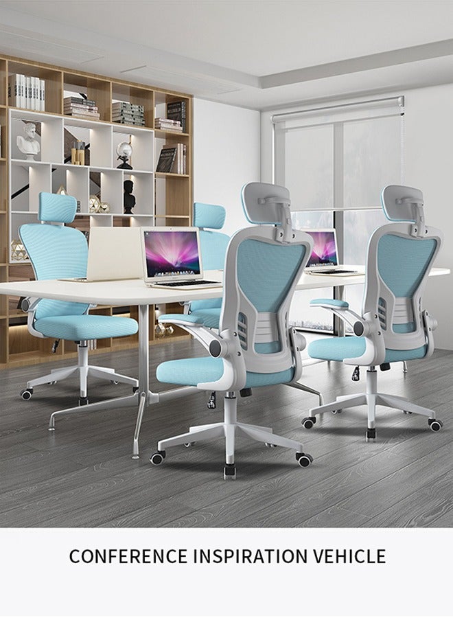 Office Computer Chair, Ergonomic High-Back Mesh Rolling Work Chairs with Wheels and Adjustable Headrests, Comfortable Lumbar Support, Comfy Flip-up Arms for Home,Bedroom,Study, Blue/White