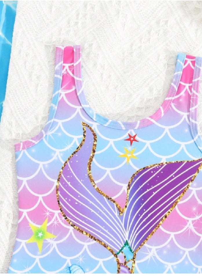 SHEIN KID  Young Girl Cartoon Mermaid Scale Print One-Piece Swimsuit - Image 2