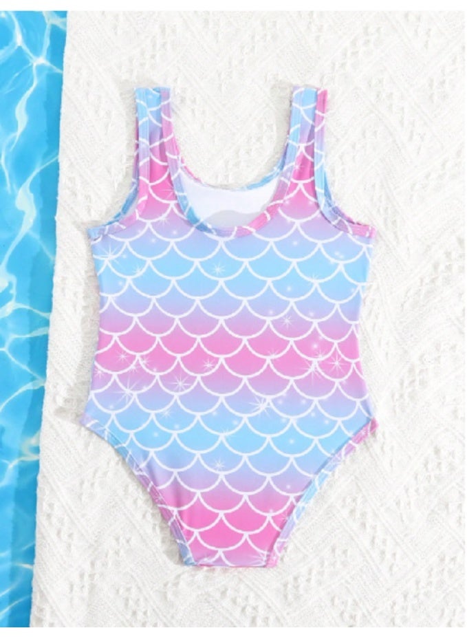 SHEIN KID  Young Girl Cartoon Mermaid Scale Print One-Piece Swimsuit - Image 4