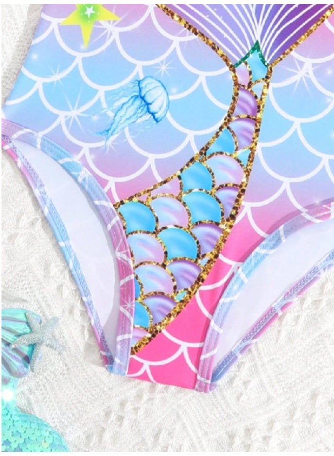 SHEIN KID  Young Girl Cartoon Mermaid Scale Print One-Piece Swimsuit - Image 5
