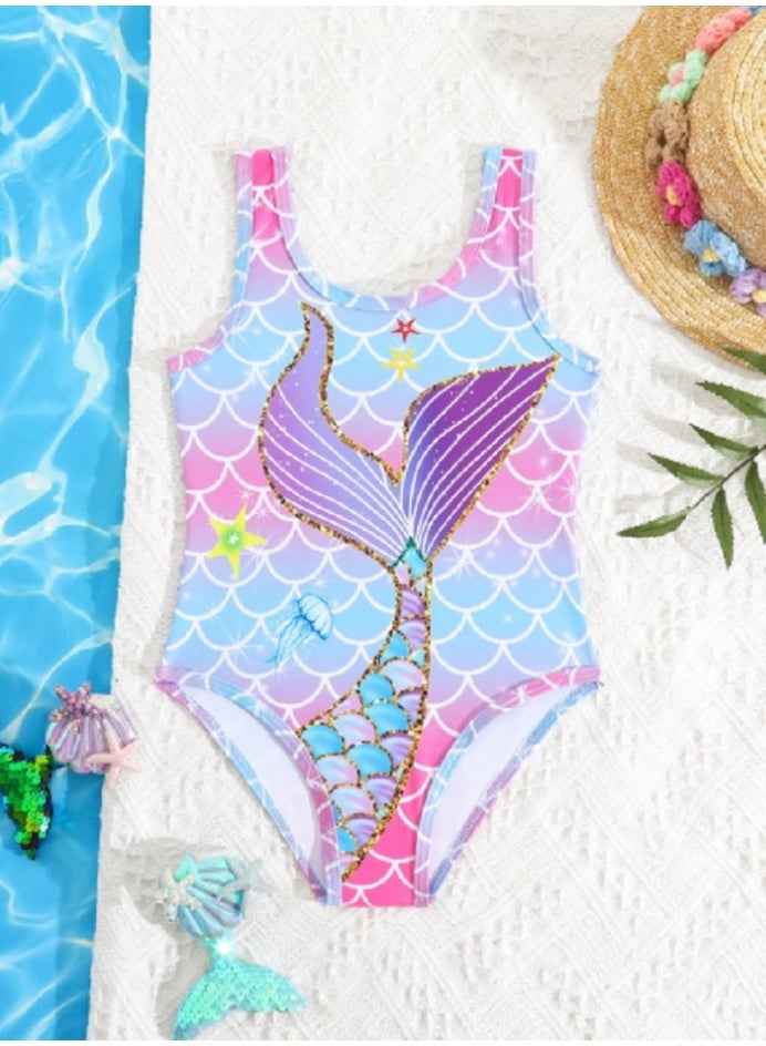 SHEIN KID  Young Girl Cartoon Mermaid Scale Print One-Piece Swimsuit - Image 1