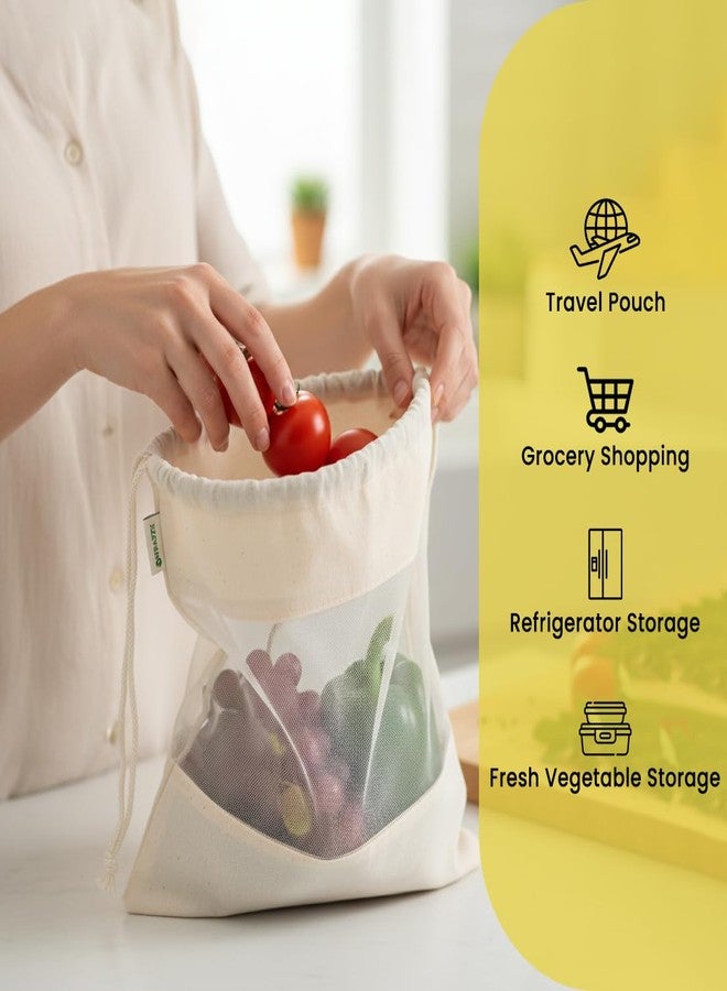 Wrapzy 100% Cotton Reusable Vegetable Bags for Fridge | Eco-Friendly Drawstring Storage Bags | Washable Breathable Cloth Bags for Vegetables | Plastic-Free Kitchen Organizer |Pack of 6 - Image 4