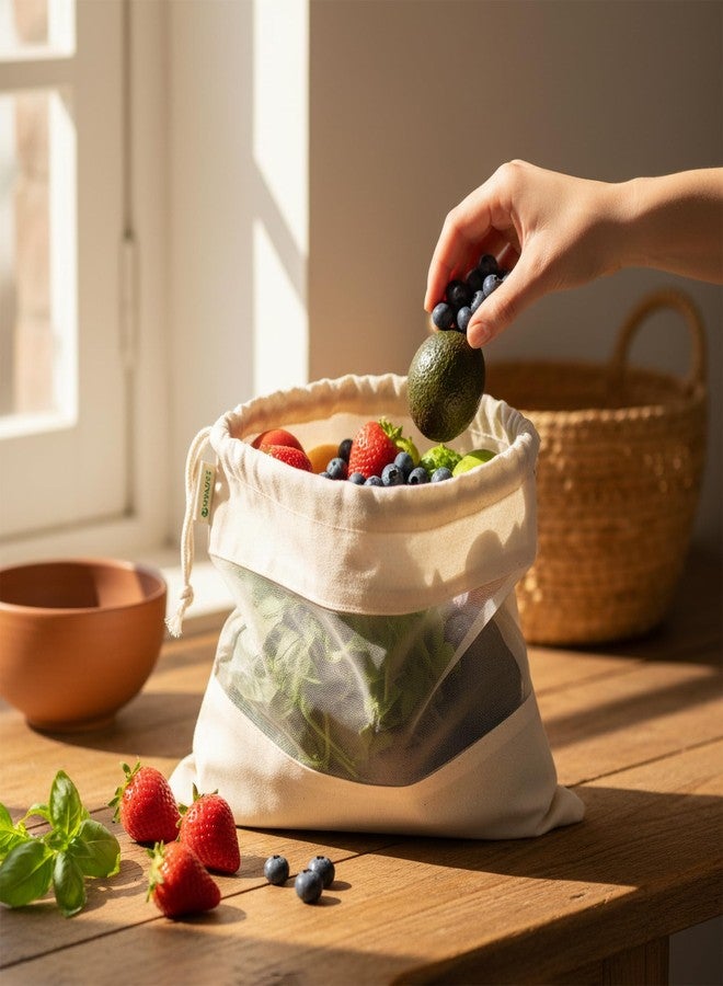 Wrapzy 100% Cotton Reusable Vegetable Bags for Fridge | Eco-Friendly Drawstring Storage Bags | Washable Breathable Cloth Bags for Vegetables | Plastic-Free Kitchen Organizer |Pack of 6 - Image 2