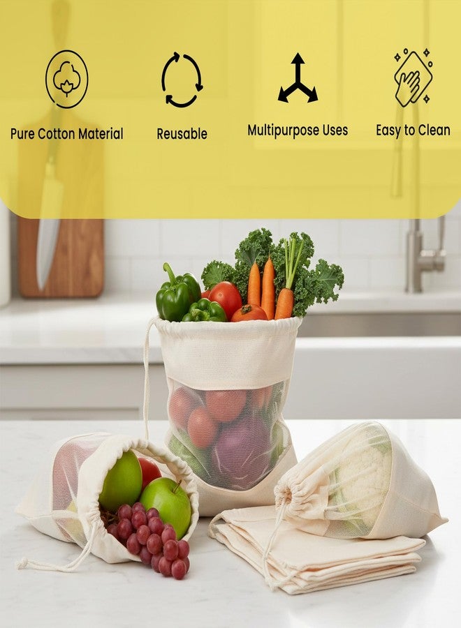 Wrapzy 100% Cotton Reusable Vegetable Bags for Fridge | Eco-Friendly Drawstring Storage Bags | Washable Breathable Cloth Bags for Vegetables | Plastic-Free Kitchen Organizer |Pack of 6 - Image 3