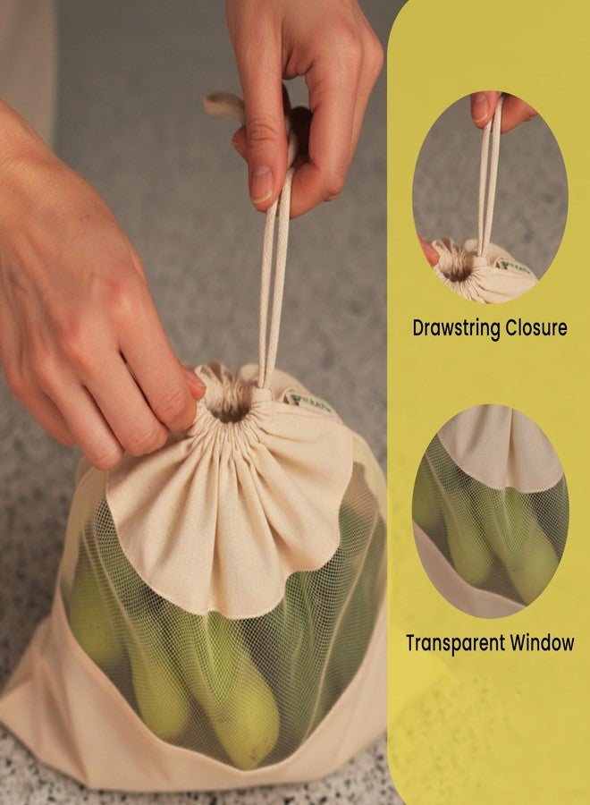 Wrapzy 100% Cotton Reusable Vegetable Bags for Fridge | Eco-Friendly Drawstring Storage Bags | Washable Breathable Cloth Bags for Vegetables | Plastic-Free Kitchen Organizer |Pack of 6 - Image 5
