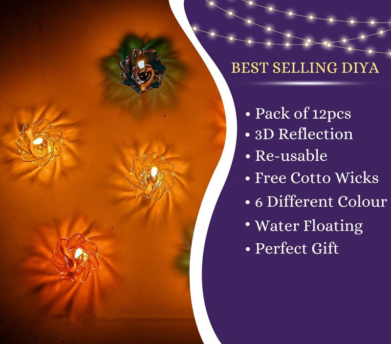 Ascension 12pcs 3D Reflection Diya Diwali Decoration Items for Home Decor Flower Shape Shadow Reflective Transparent Water Floating Relection Oil Diya Home Decor Reusable Diwali Light Multicolour - Image 3