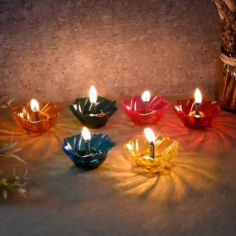 Ascension 12pcs 3D Reflection Diya Diwali Decoration Items for Home Decor Flower Shape Shadow Reflective Transparent Water Floating Relection Oil Diya Home Decor Reusable Diwali Light Multicolour - Image 5