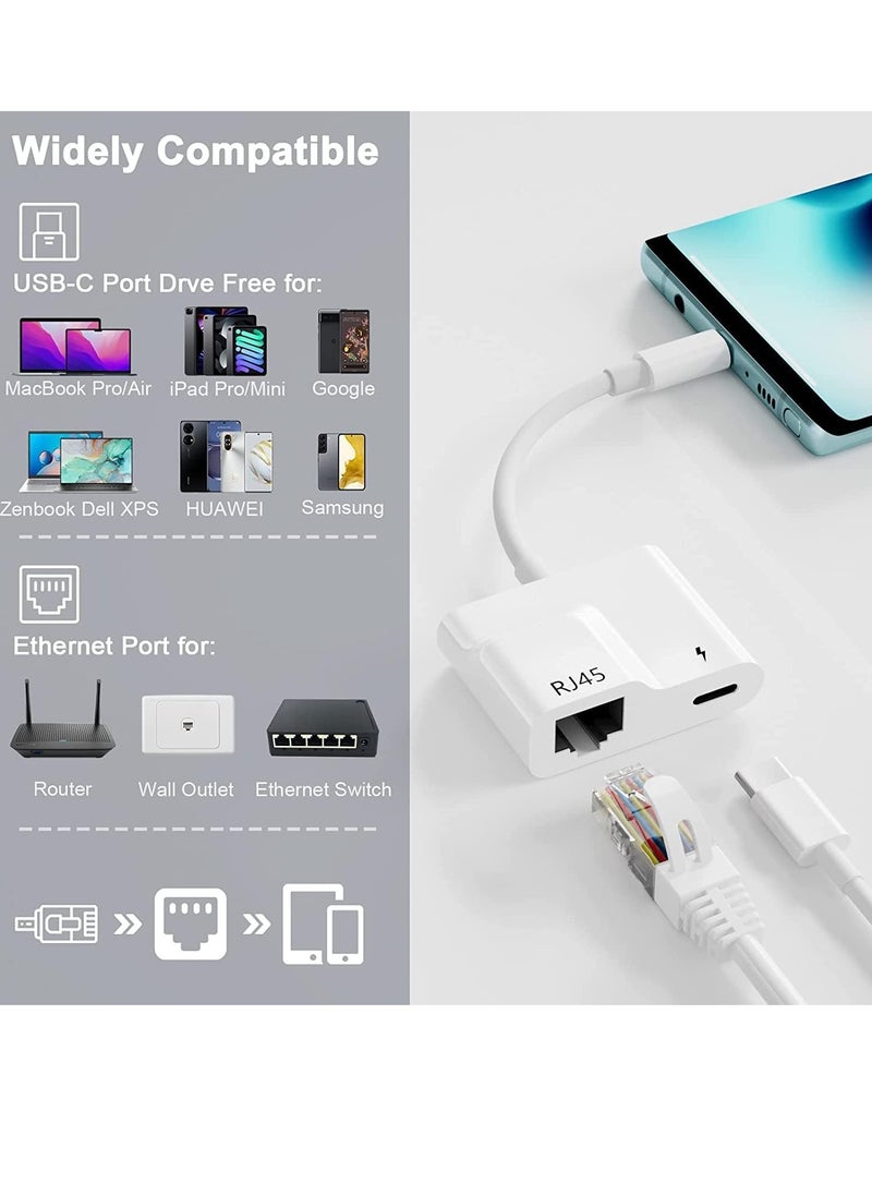 USB C to Ethernet Adapter, 2 in 1 USB C to RJ45 Adapter with 60W PD Type-C Charge Port Supports 10/100Mbps Ethernet Network, Compatible for Android/iPad Pro/Mac/Galaxy and More USB C Devices