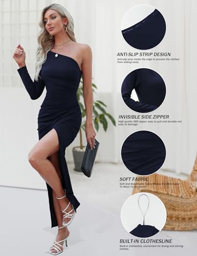 Sarin Mathews Womens One Shoulder Long Sleeve Cocktail Dresses Sexy Bodycon Ruched Wrap Split Party Formal Long Dress Navy M - Image 4
