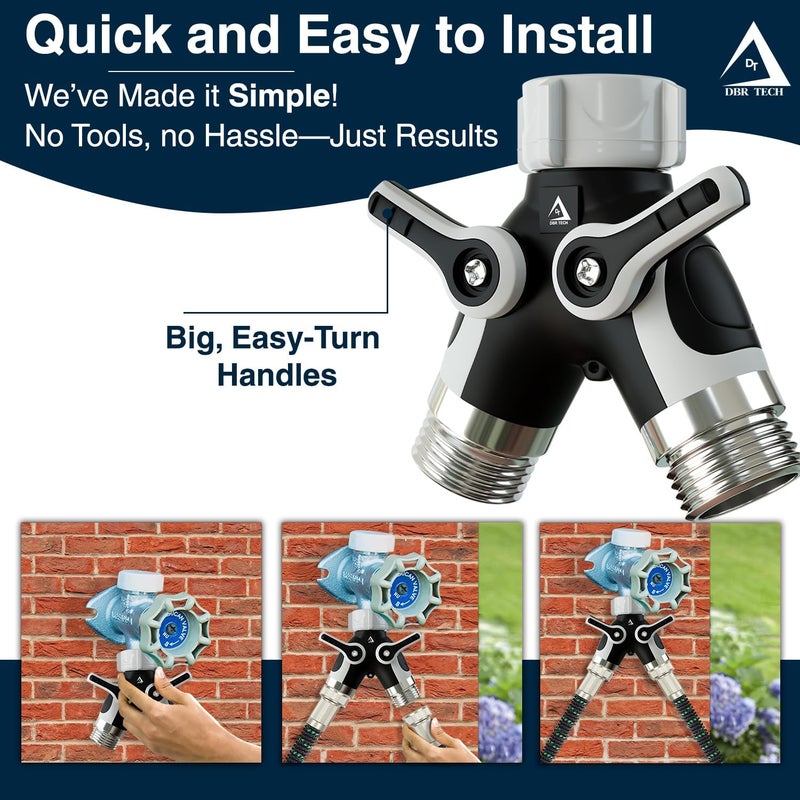 DBR Tech ® Hose Splitter 2 Way, Heavy Duty Metal Connector, Two Way Garden Hose Splitter, High Flow Spigot Faucet Bib Adapter, Solid Double Y Shut Off Valve for Outdoor Gardening Hoses, Grey - Image 3