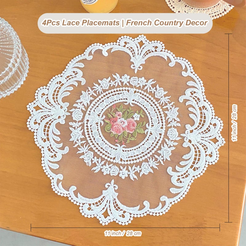 RHVQ 4Pcs Lace Table Placemats French Country Decor, 11 Inch Circle Doilies for Tables, Vintage Furniture Doilies for Dessert Trays Nightstand Dresser, White - Image 3