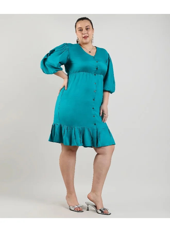 Instafab Plus Women's Teal Blue Ruffle Cinched Dress For Casual Wear | V Neck | Short Sleeve | Button Closure | Plus-Size Dress Crafted With Comfort With For Everyday Wear