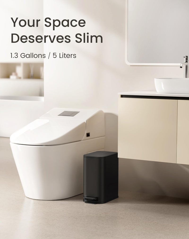 Cesun Small Bathroom Trash Can with Lid Soft Close, Step Pedal, 5 Liter / 1.3 Gallon Stainless Steel Garbage Can with Removable Inner Bucket, Waste Basket for Bathroom, Bedroom (Matte Black) - Image 2
