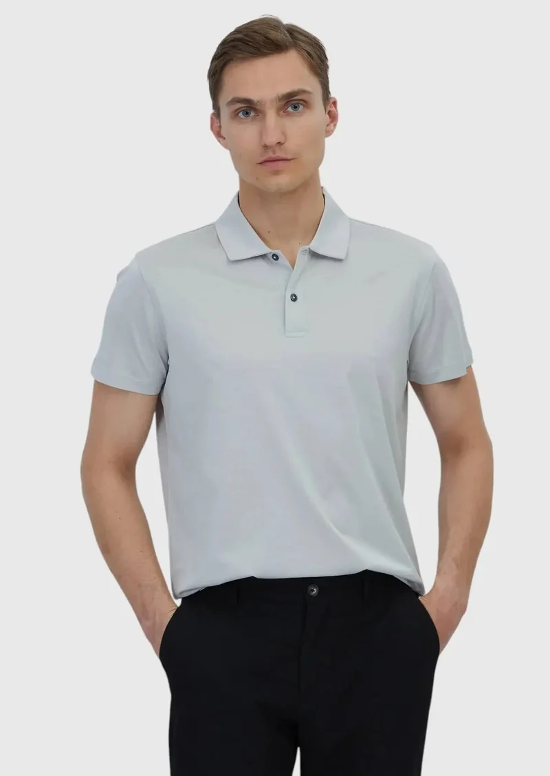 رامسي تيشيرت قطني 100%، لون رمادي فاتح سادة، بياقة بولو