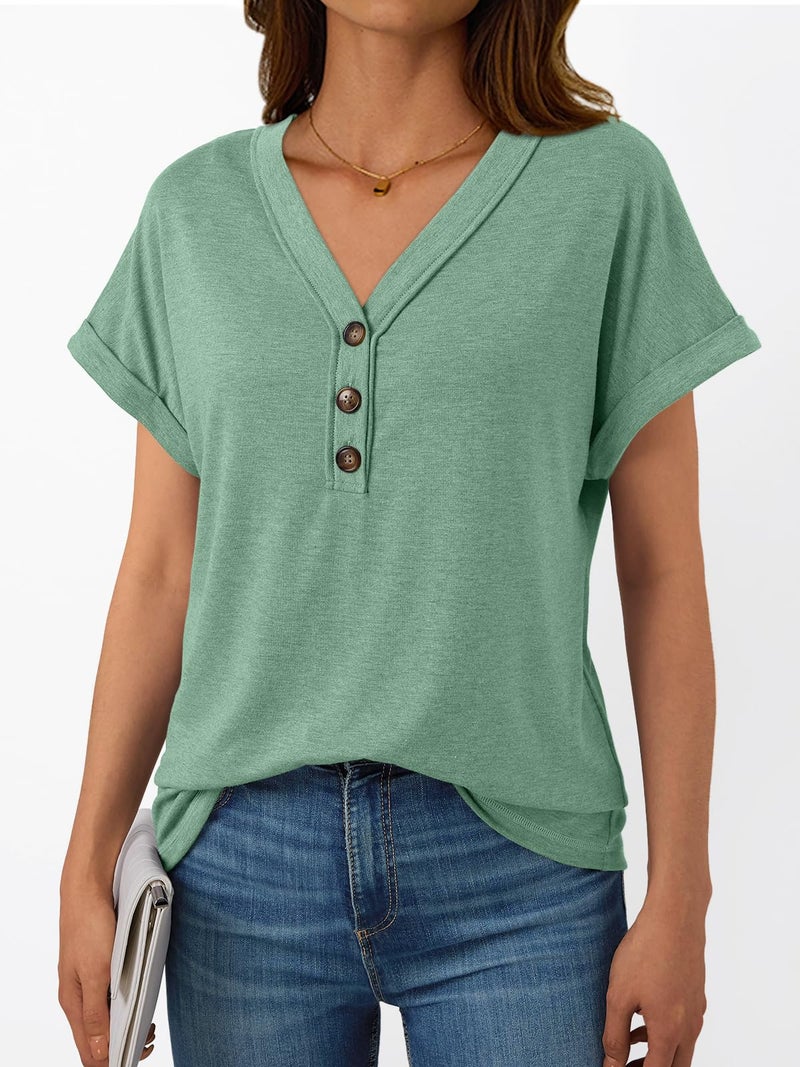 AUTOMET Short Sleeve V Neck T Shirts Womens 2026 Summer Business Casual Henley Tops Cap Sleeve Spring Fashion Clothes Dressy Lightweight Work Tshirts Loose Blouses Cute Outfits Clothing Green XL - Image 3