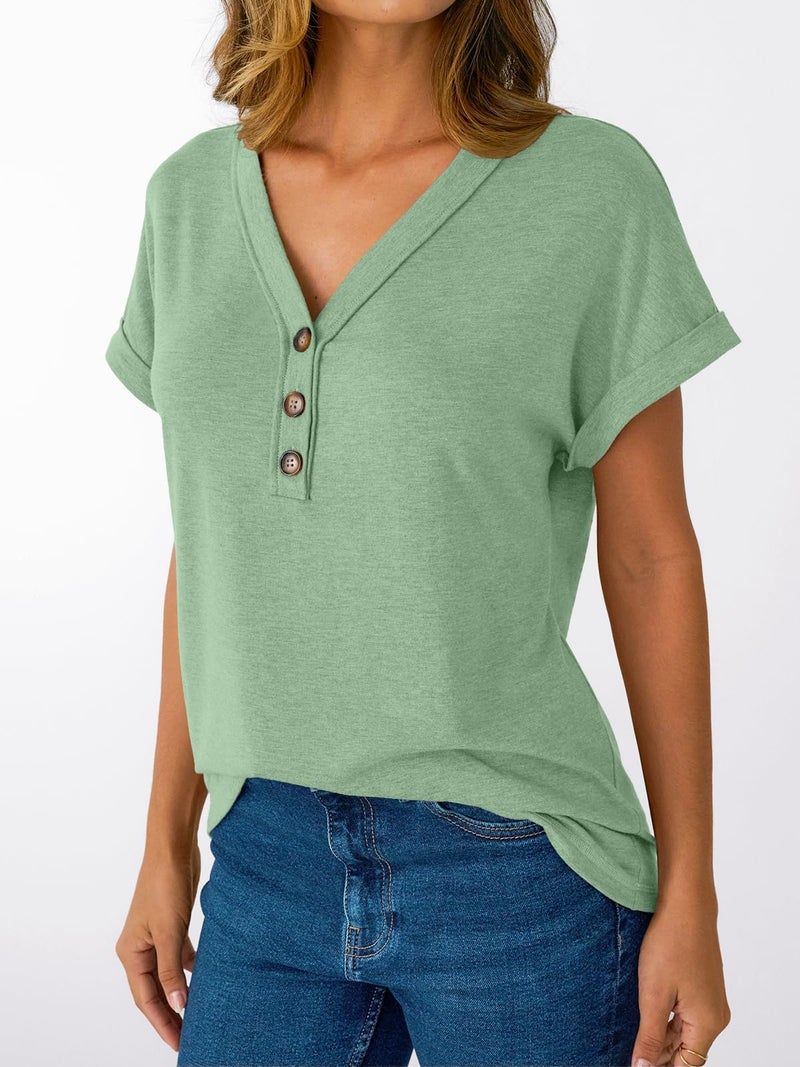 AUTOMET Short Sleeve V Neck T Shirts Womens 2026 Summer Business Casual Henley Tops Cap Sleeve Spring Fashion Clothes Dressy Lightweight Work Tshirts Loose Blouses Cute Outfits Clothing Green XL - Image 4