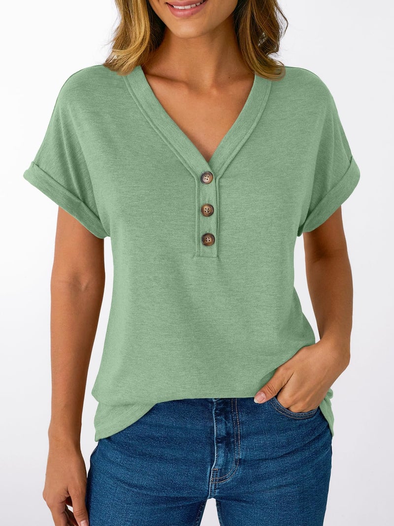 AUTOMET Short Sleeve V Neck T Shirts Womens 2026 Summer Business Casual Henley Tops Cap Sleeve Spring Fashion Clothes Dressy Lightweight Work Tshirts Loose Blouses Cute Outfits Clothing Green XL - Image 2