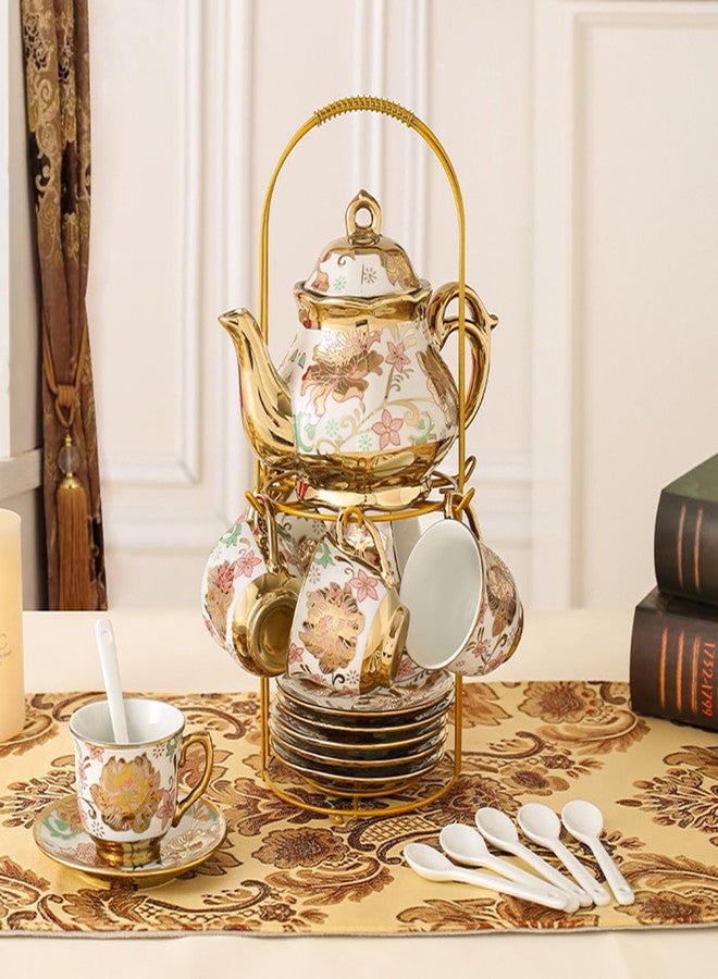 CHANJOON Gold Plated Red Rose Ceramic Tea Set, Vintage Tea Set with Teapot, Beautiful Tea Set Coffee Serving 6 People (Pink, Medium) - Image 5