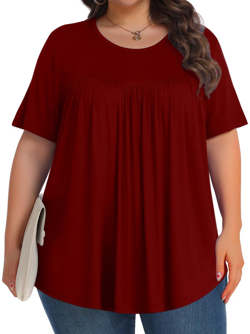 Tencede Womens Plus Size Tops Tunic Short Sleeve Crew Neck Shirts Casual Soft Blouse Wine Red 3X - Image 3