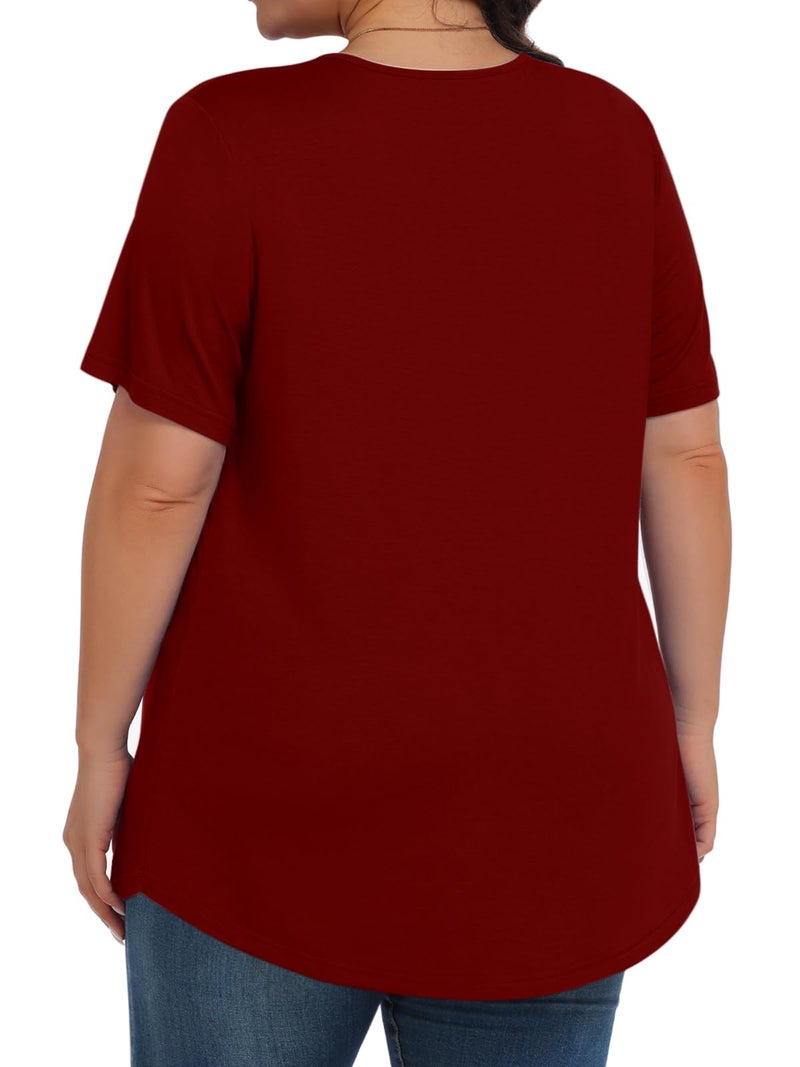 Tencede Womens Plus Size Tops Tunic Short Sleeve Crew Neck Shirts Casual Soft Blouse Wine Red 3X - Image 4