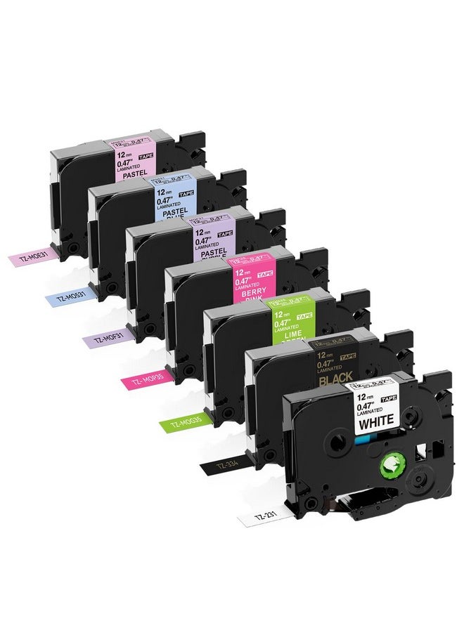 Freshworld 7 Pack P Touch Label Tape,Tze231 Tape 12Mm 0.47 Inch Laminated White/Black/Green/Pink/Purple/Blue/Pastel Pink Compatible With Brother P-Touch Label Maker Pt-D210 Pt-H110 Pt-D600 Pt-1230Pc Pt-P700,8M  - Image 1