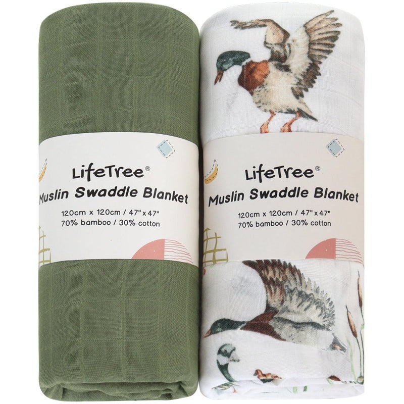 LifeTree Muslin Swaddle Blankets Neutral, Baby Swaddling Wrap Nursery Receiving Blanket for Boys & Girls, 70% Viscose from Bamboo and 30% Cotton, Large 47 x 47 inches Mallard Duck/Olive Green - Image 1