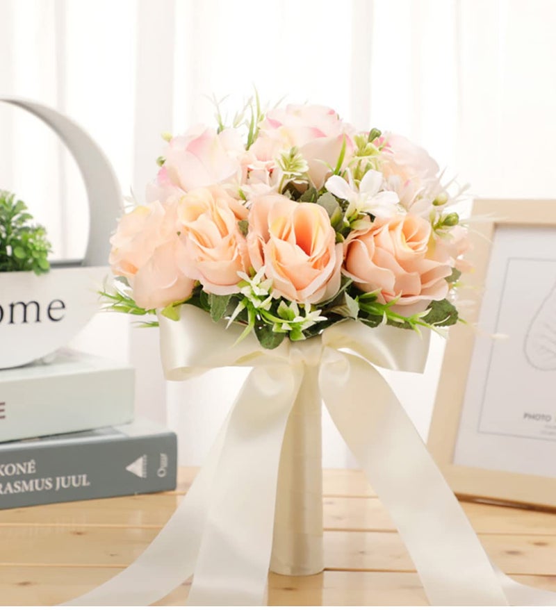 Cyanlux Wedding Bouquets For Bride Bridesmaid Bouquet Champagne White Artificial Roses Flowers For Wedding Valentine'S Day Church Home Decoration (Champagne) - Image 5