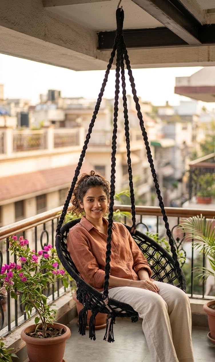 Patiofy أرجوحة باتيوفي المنزلية للكبار والأطفال | مناسبة لغرفة المعيشة والشرفة والخارج | مقعد واحد بقدرة تصل إلى 120 كجم | تشمل ملحقات تعليق مجانية | جولا مصنوعة يدوياً بحبل قطن فاخر | أسود, 45 سم - Image 1