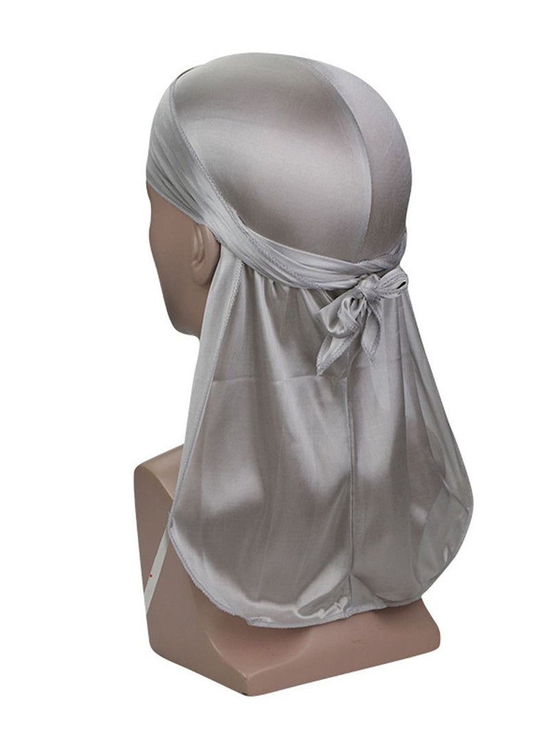 NIBEMINENT New Style Soild Pattern Silk Durag Satin for Men Pirate Caps Long Tail Decoration Head Wrap Elastic Beanie Hats Waves Hijab Grey  - Image 1