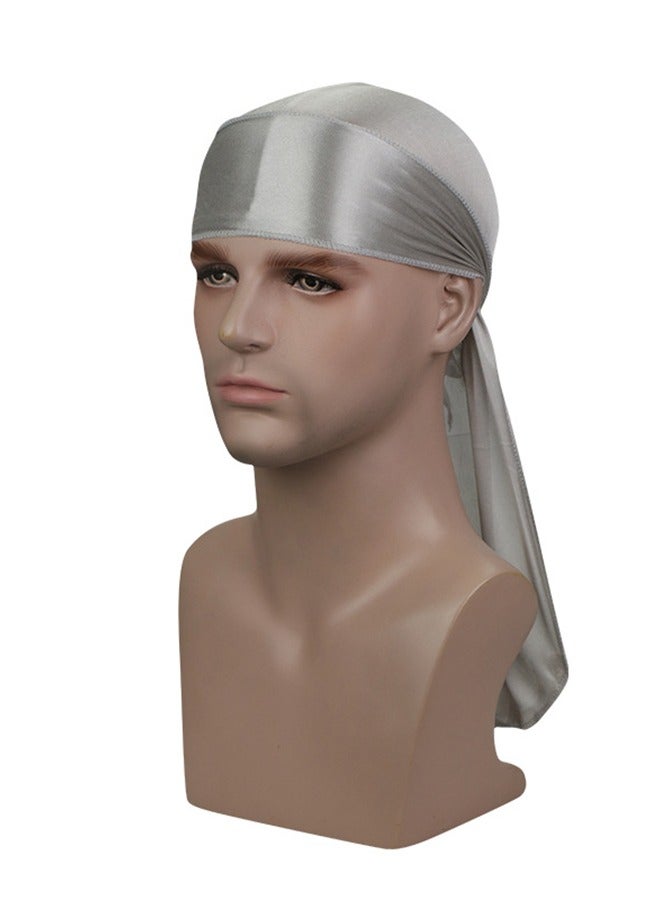 NIBEMINENT New Style Soild Pattern Silk Durag Satin for Men Pirate Caps Long Tail Decoration Head Wrap Elastic Beanie Hats Waves Hijab Grey  - Image 2