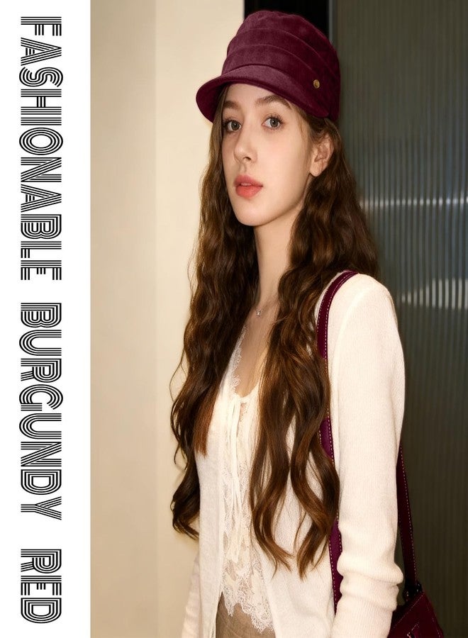 huablo Women's Suede Flat Top Newsboy Cap - Soft Brim & Hook - and - Loop Adjustment - Fall Winter Cabbie Paperboy Hats - Burgundy red - Image 2