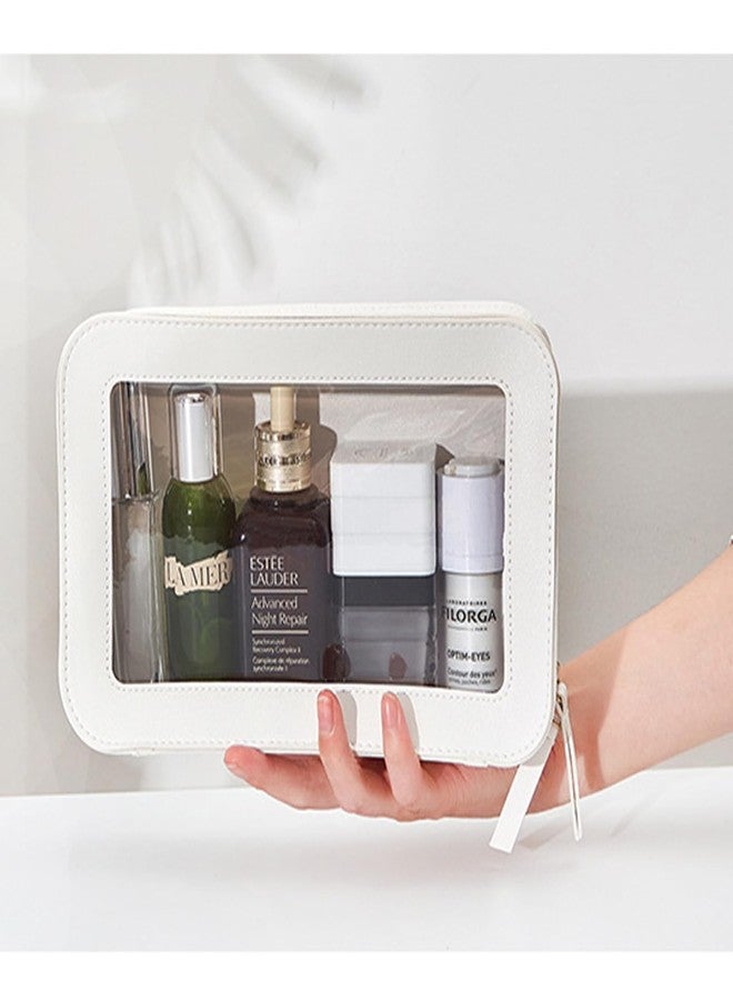 دبليو ام ام حقيبة مكياج شفافة ومقاومة للماء، حقيبة سفر محمولة لتنظيم مستحضرات التجميل للنساء، مزودة بنوافذ وسحابات من الفينيل الشفاف (أبيض) - Image 4