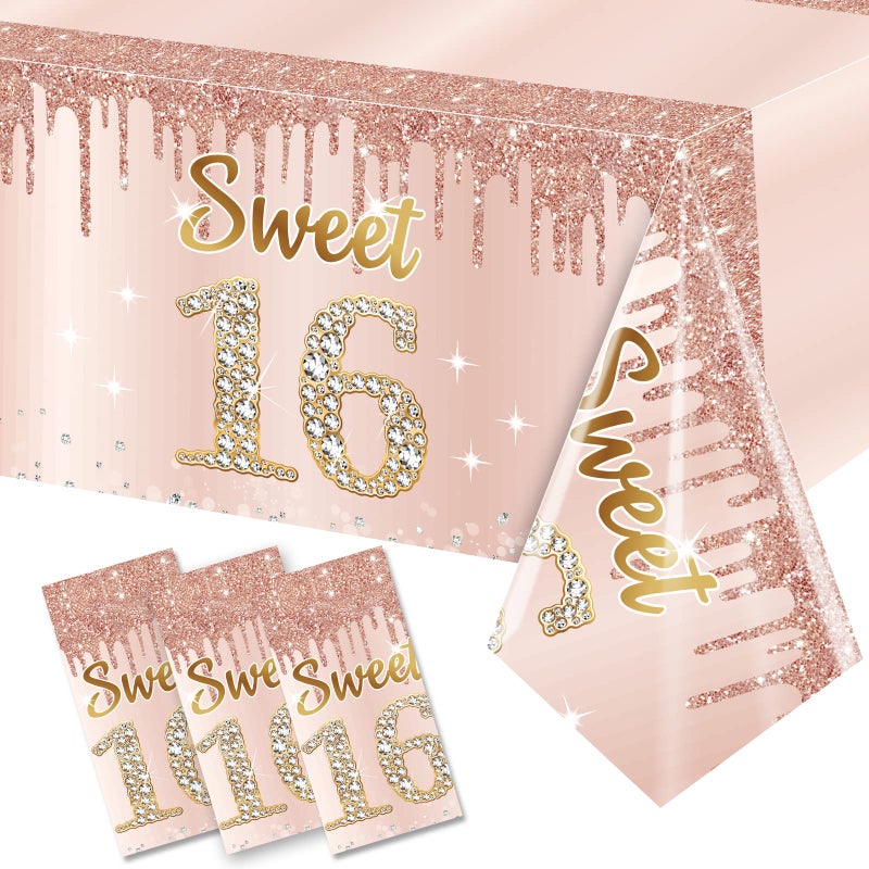 Sweet 16 Pink Rose Gold Birthday Tablecloth Decorations  3 Pack Sixteen Year Plastic Disposable Rectangular Table Cloth Decor