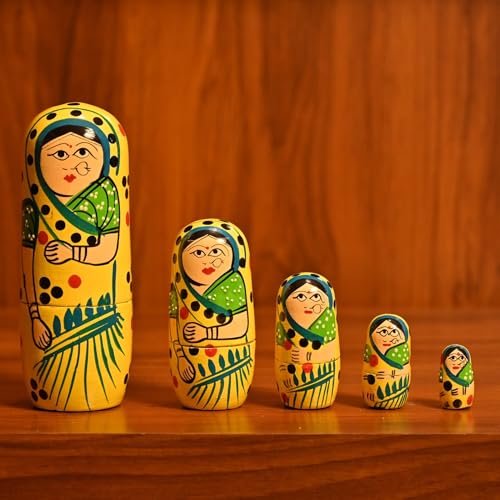 LOVENSPIRE Wooden Nesting Dolls Matryoshka Doll Set of 5 Hand Painted Indian Traditional Kondapalli Toys for Home Table Decor Wooden Stacking Dolls Gifting Item Golu Dolls 6 Inch - Image 1
