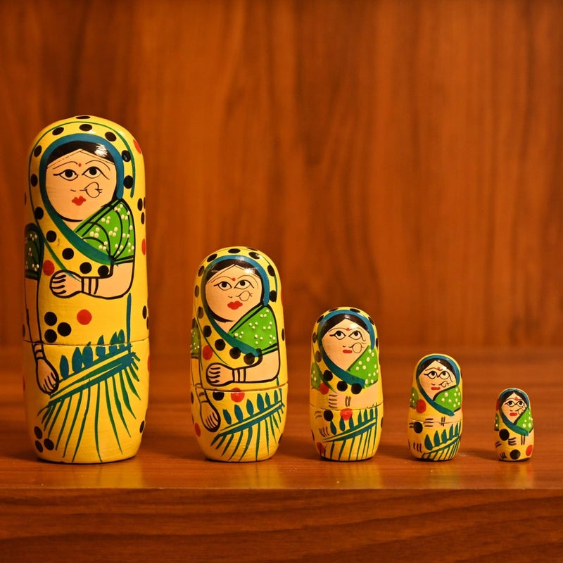 LOVENSPIRE Wooden Nesting Dolls Matryoshka Doll Set of 5 Hand Painted Indian Traditional Kondapalli Toys for Home Table Decor Wooden Stacking Dolls Gifting Item Golu Dolls 6 Inch - Image 2