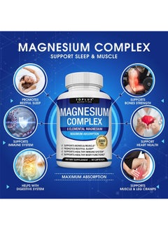 Toplux Magnesium Complex Supplement 8 Elemental Magnesium 1000mg - Magnesium Glycinate, Citrate, Malate, Taurate, Chelated for Easy Absorption for Bones, Muscle, Recovery, Energy, Vegan Non-GMO 90 Capsules  - Image 2