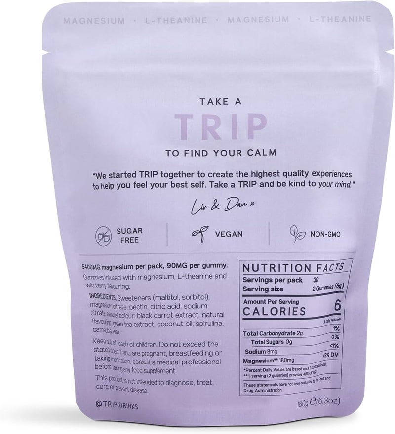 Trip Magnesium Citrate Gummies Infused with L Theanine Vegan Sugar Free Magnesium Supplement for Adults 180mg per Serving On The Go Calming Gummy Wild Berry Flavor 1 Bag  60 Count - Image 2