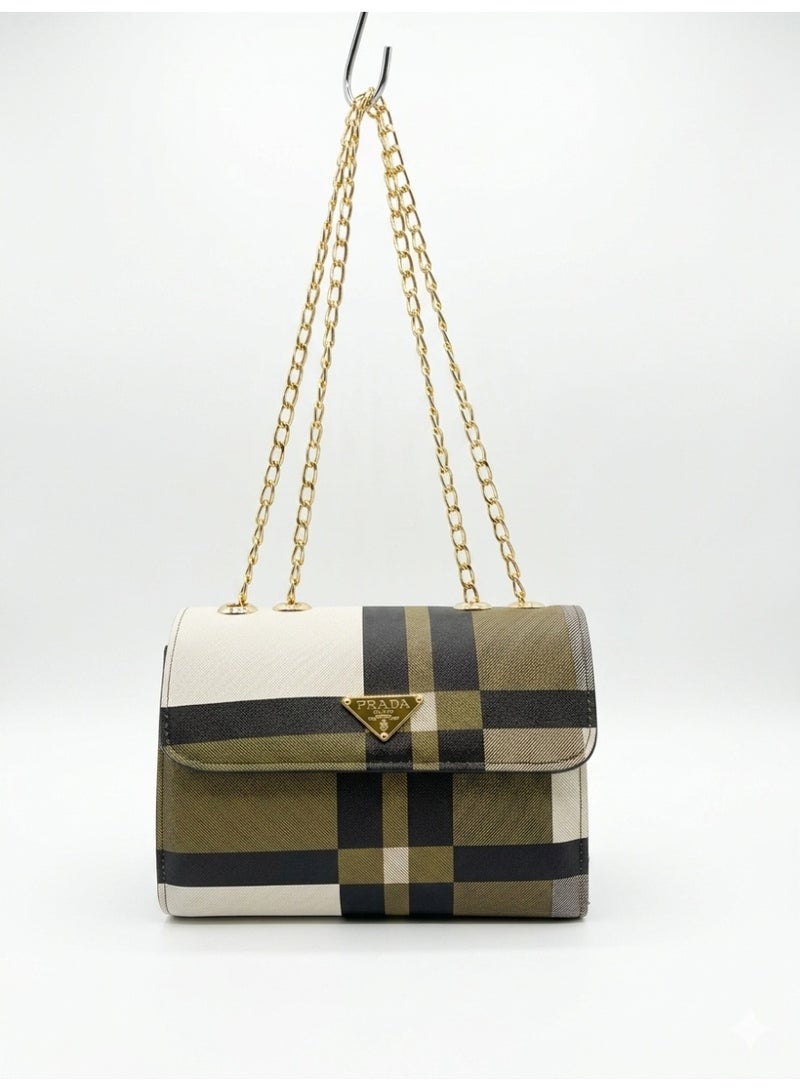 Women's Leather Plaid Pattern Shoulder Bag Gold Chain Shoulder Bag Stylish Multicolor (Brown)