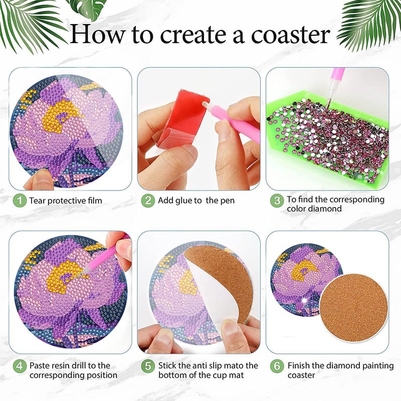 EWJRNSF 8 PCS Flowers Diamond Painting Art Coaster Set Diamond Art Coasters Small Diamond Painting Coasters Kit Beginners Adults Art Craft Supplies - Image 3