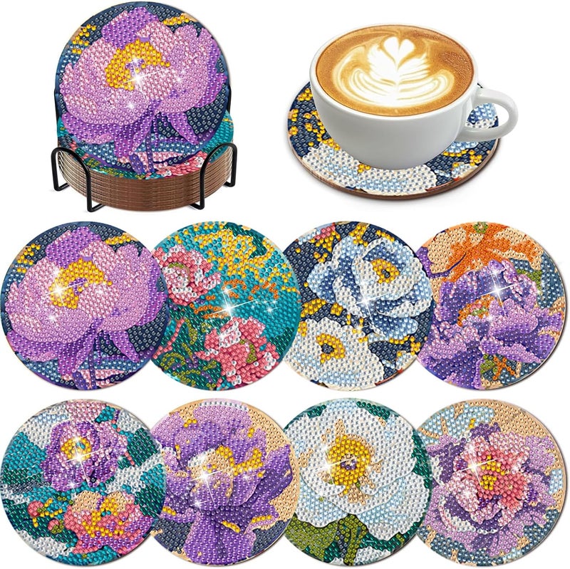 EWJRNSF 8 PCS Flowers Diamond Painting Art Coaster Set Diamond Art Coasters Small Diamond Painting Coasters Kit Beginners Adults Art Craft Supplies - Image 1