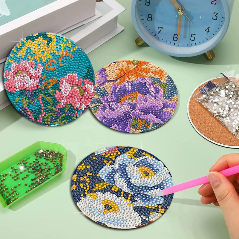 EWJRNSF 8 PCS Flowers Diamond Painting Art Coaster Set Diamond Art Coasters Small Diamond Painting Coasters Kit Beginners Adults Art Craft Supplies - Image 4