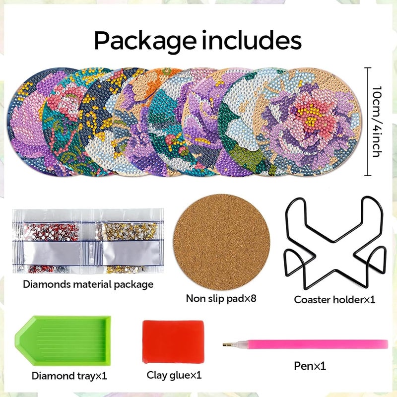 EWJRNSF 8 PCS Flowers Diamond Painting Art Coaster Set Diamond Art Coasters Small Diamond Painting Coasters Kit Beginners Adults Art Craft Supplies - Image 2