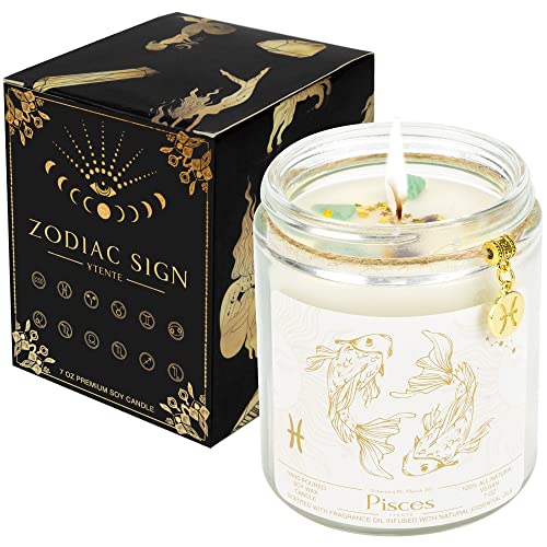 YTENTE Pisces Zodiac Sign Candles Gift Zodiac Sign Crystals Candles JarAstrology Lavender Scented Soy Stones Candles Best Friends Gifts for Women Men Sister Brother Funny Birthday Gift